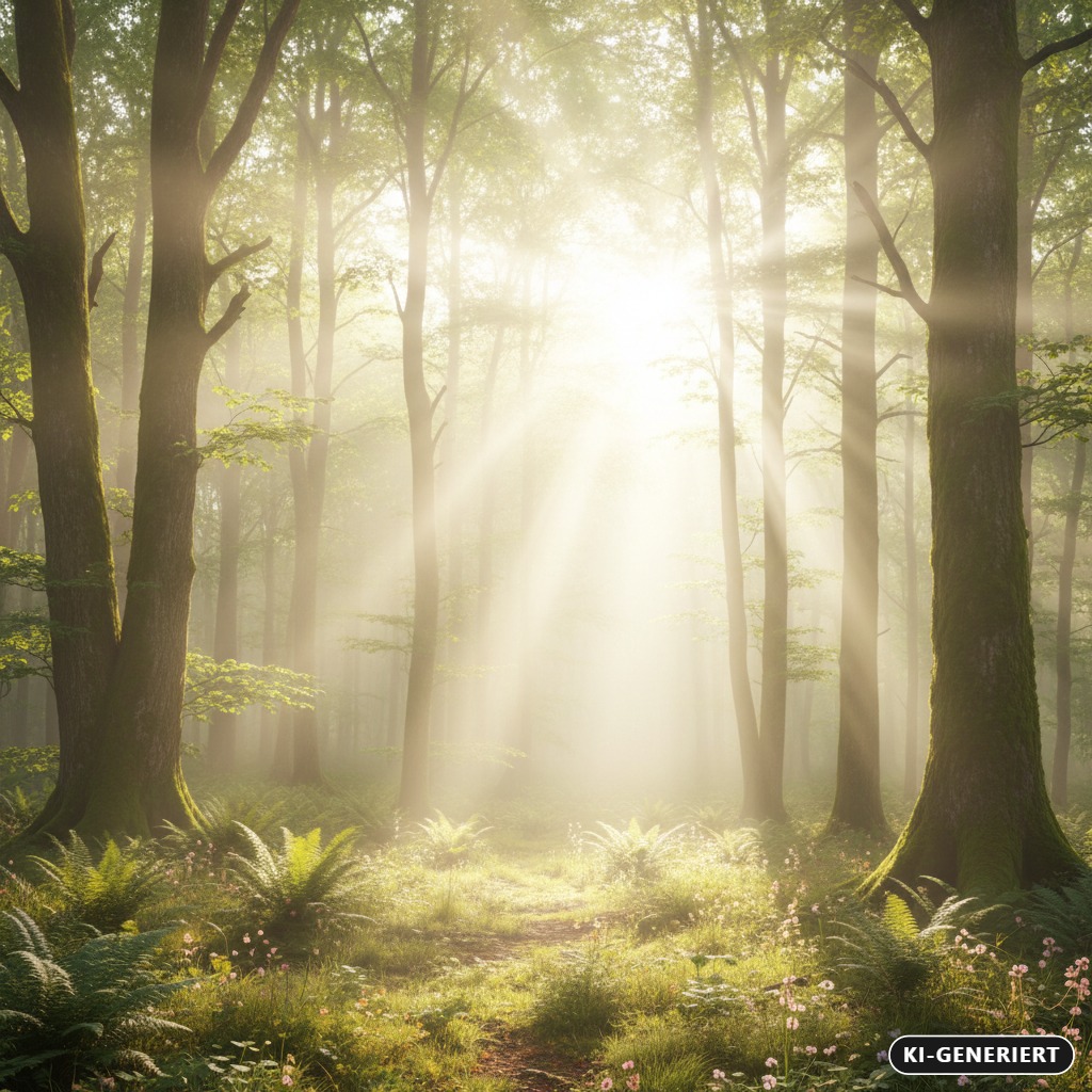 KI-generiert: Sonnenstrahlen fallen durch den dichten, nebligen Wald auf einen mit Farnen bewachsenen Waldboden.